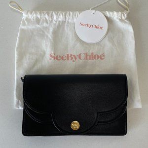See By Chloe Black Polina Scalloped Wallet on Chain Convertible Clutch